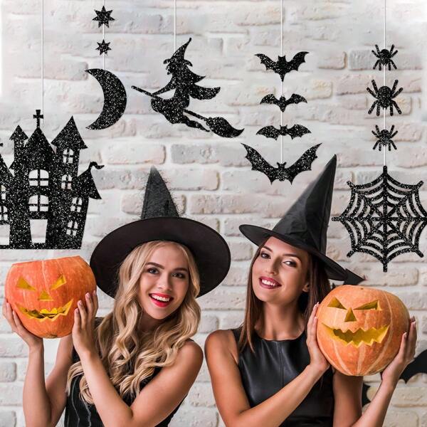 5/10pcs Decoration Halloween Horror Castle Witch Broom Bat Moon Spider Web Hanging Strips Party Party Supplies Halloween Decoration Halloween Party Supplies