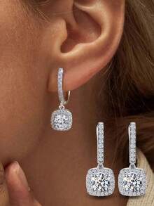 1 Đôi bông tai khoen hình học lấp lánh đính đá Zirconia, trang sức nữ, bông tai tinh tế bằng bạc sterling 925, trang sức cao cấp, quà tặng trang trí tiệc. - Bạc - Xem 2