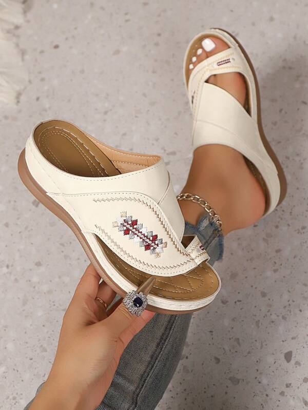 1 Pair Women's Bohemian Style Floral Platform Wedge Sandals, Suitable For All Season Festivals