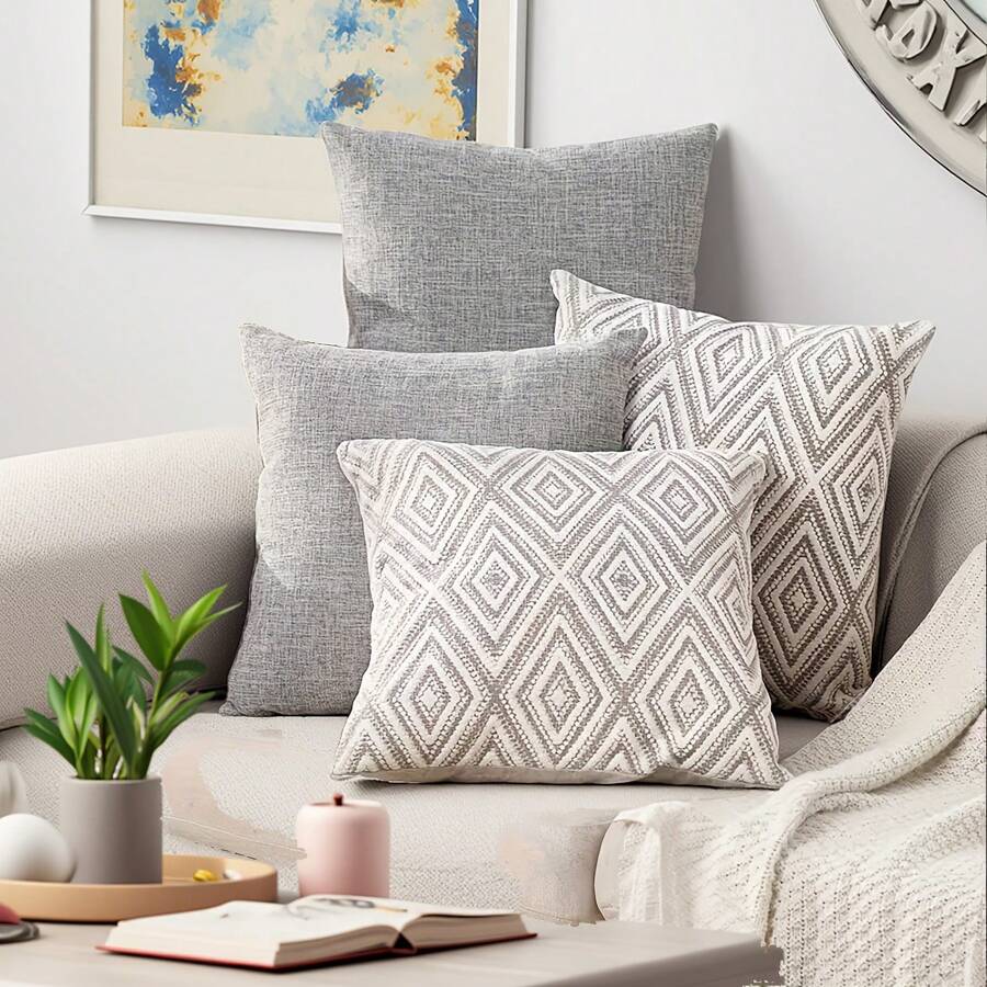 4pcs Bohemian Style Gray Soft Printed Throw Pillow Covers, 18x18 Inch, Pillow Cases Only, Simple Gifts For Sofa Bed Couch Decorative Cushion Covers, Stars, Easy To Use Pillows