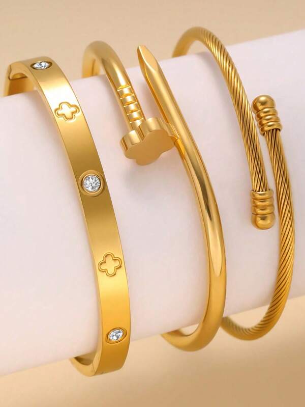 1pc/3pcs Stylish Luxury 18K Gold Plated Stainless Steel Clover Crystal Bangle Bracelet Set, High-End Jewelry Accessories Gift For Women, Suitable For Daily Wear And Party