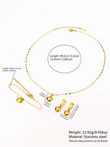 VceTd 1 套浪漫不锈钢首饰套装，配有光泽的心形吊坠，适合女性在约会或订婚时佩戴，或作为节日送给爱人的礼物 - 金色 - 查看 2