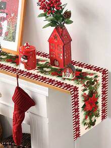 1pc Merry Christmas Table Runner, 180*35cm Polyester Tablecloth With Red Flower Pattern, Christmas Decoration, Home Christmas Decor, Christmas Ornament, Kitchen Decor, Dining Table Decor, Desktop Decor - Multicolor - View 3