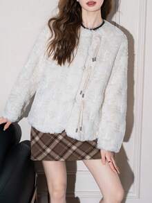 Alicedudu Women's Winter Short Faux Fur Coat With Button Closure, New Chinese Style - Beige - View 3