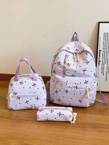 3 Pcs Fashionable Preppy Bow Print Backpack Set,Backpack&Lunch Bag&Pencil Case,With Laptop Compartment Bookbag,Adjustable Strap Bookbag Set,Multi Pockets High-Capacity School Bag Set Multifunctional Daypack Set Idea For Girls/Teens/College Students/Graduate/Graduate For Daily Use/Vacation/Travel/Back To School
