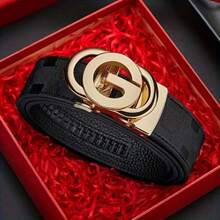 Stylish Metal Buckle Belt For Men And Women - Fashionable Daily Decoration Jeans Belt With Fully Automatic Letter Buckle - Perfect Accessory For Business And Casual Occasions - 黑色 - 查看 2