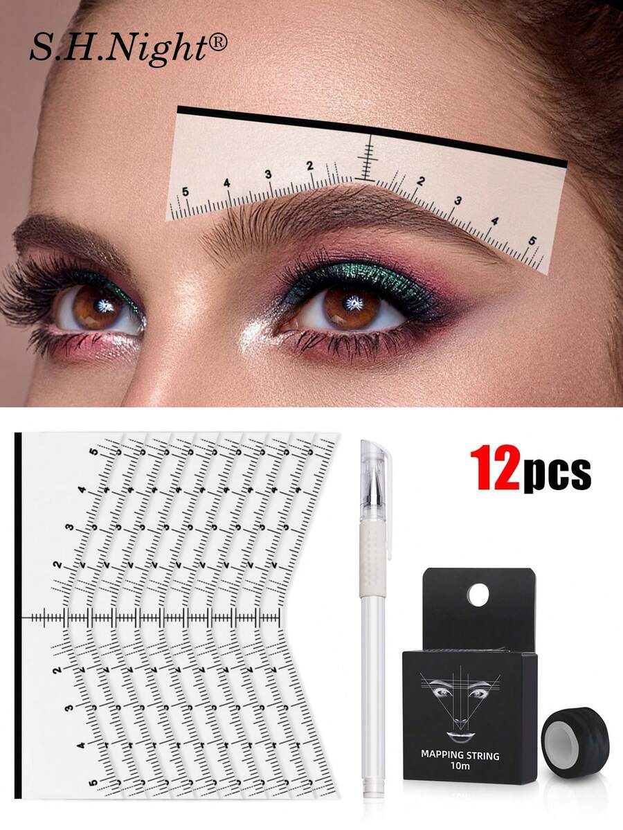 30/12件套眉妆工具套装，包含眉形模板、定位线、白色记号笔、眉形塑形模板、一次性尺子贴纸、设计定位辅助模板、化妆工具、纹身定位图模板，适用于专业化妆、美容院、纹身用品，是美容院必备、赠品、旅行、经济实惠的旅行必备品。