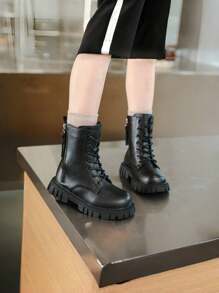 1 Pair Kids' Side Zipper Decorated Boots, PU Material, Comfortable, Mid-Top Lace-Up, Thick Sole, Fashion Work Boot Style, Suitable For Daily And School Wear