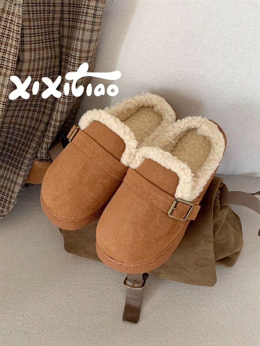 XIXITIAO 1双女士秋冬简约抽绳金属扣复古休闲一脚蹬乐福鞋，毛绒鞋头，浅棕色 - 棕色 - 查看 1