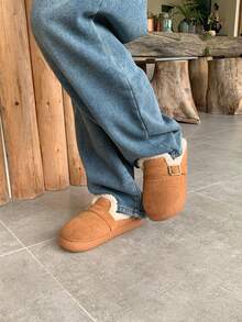 XIXITIAO 1双女士秋冬简约抽绳金属扣复古休闲一脚蹬乐福鞋，毛绒鞋头，浅棕色 - 棕色 - 查看 6