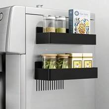 2 حبة/4 حبة سلة تخزين بلاستيكية مغناطيسية كبيرة، مناسبة للثلاجات والميكروويف والغسالات - رف تخزين مطبخي متعدد الوظائف، حامل توابل مغناطيسي جانبي بدون ثقب أو لصق، قابل للفصل