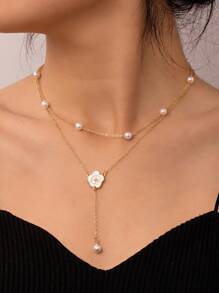 A Double Layered Pearl And Flower Y-Shaped Necklace For Women
