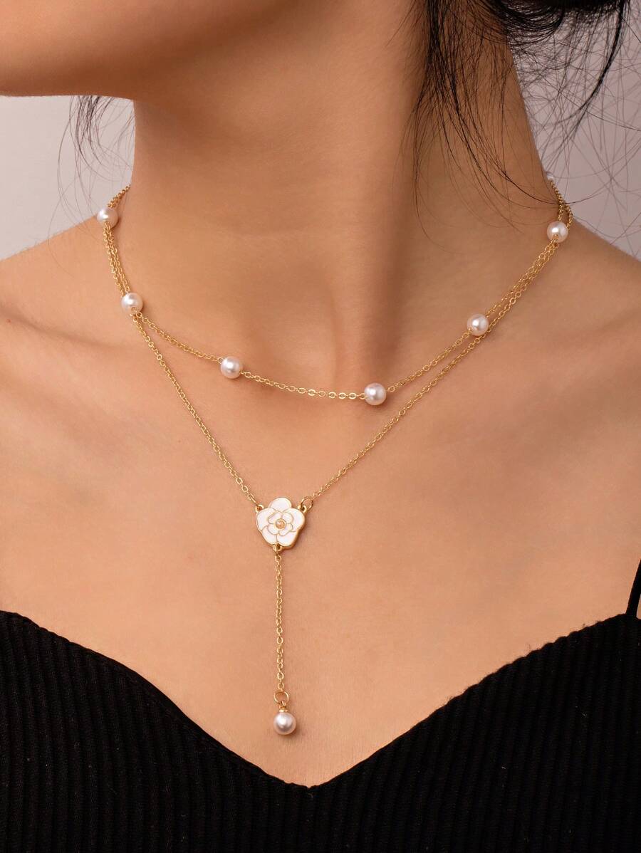 A Double Layered Pearl And Flower Y-Shaped Necklace For Women