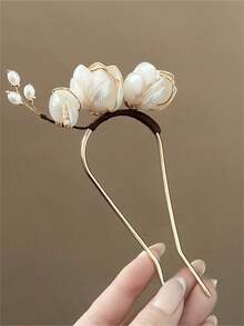 1个女士优雅新款中国风仿玉玉兰花U型发夹，适合马尾辫、半丸子头、日常穿搭、波西米亚风发饰、丸子头延长发夹、丸子头发片、丸子头造型器、发夹、发卡、发饰、学生用品、发卡、头饰