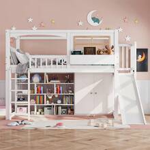 Sairedel Bunk Bed, Children's Bed, With Gate, With Children's Slide And Wardrobe, Ample Storage Space, With Four-Step Ladder, Pine+MDF+Plywood, White, 90x200cm