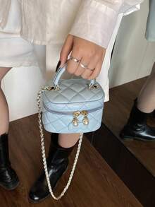 女士时尚 PU 手提包，菱形绗缝迷你斜挎包，配有链条肩带、润唇膏和零钱包，适合春夏季