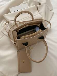 輕薄商務休閒拼花雙手提方形袋，附小袋適合十幾歲女生、女性大學生、初入職場的白領 workers。適用於辦公室、學院、工作、商務、通勤、戶外、旅行和郊遊。