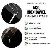 Corrente Colar Masculino Aço Inoxidável 70cm + Pingente Retangulo Dourado/Prata/Preto - Prata - Visão 3