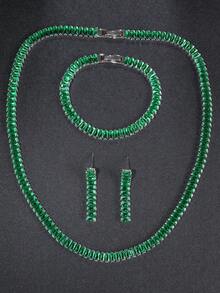 3 件套方晶锆石矩形项链、手链、耳环首饰套装，适合女性婚礼/派对