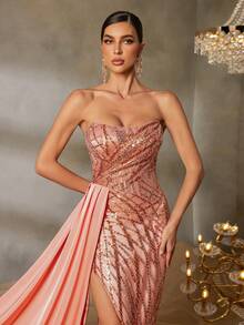 Faeriesty 奢华亮片和串珠美人鱼礼服 - 无肩带，后背交叉带，高开衩，露出鱼鳞亮片装饰，喇叭形薄纱裙摆，适合出席正式晚宴、新娘宴会和红毯晚会