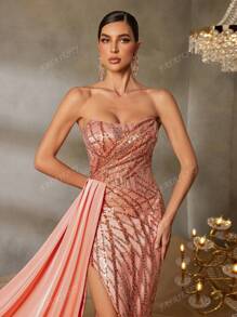 Faeriesty Faeriesty Luxury Sequin & Beaded Mermaid Gown - Strapless With Cross Back Straps, High Slit Revealing Fish-Scale Sequin Accents, Flared Tulle Train Overlay For Black Tie Affairs, Bridal Banquets, Red Carpet Galas