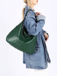 新款软皮女包，简约休闲单肩包，女士流浪包，简约腋下包女士大容量手提包，适合上班通勤逛街休闲 - 墨綠色 - 查看 5