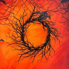 万圣节人造花环装饰 - 秋季花环，带有骷髅/南瓜/浆果/丝带/玫瑰图案，适用于派对、家居墙壁、花园装饰 - 黑色 - 查看 9