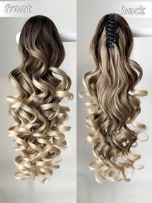 20 Inch Deep Brown Wavy Clip-In Ponytail Hair Extensions, Soft & Natural, Synthetic Hair, For Women - Brown Ombre - View 5