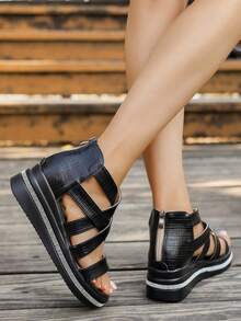 女士水钻装饰坡跟凉鞋，时尚露趾镂空拉链后跟舒适夏季户外凉鞋