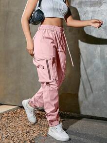 女士弹力腰带抽绳工装裤，带翻盖口袋、拉链细节、金属纽扣和开衩裤脚，Y2K音乐节风格 - 粉色 - 查看 1
