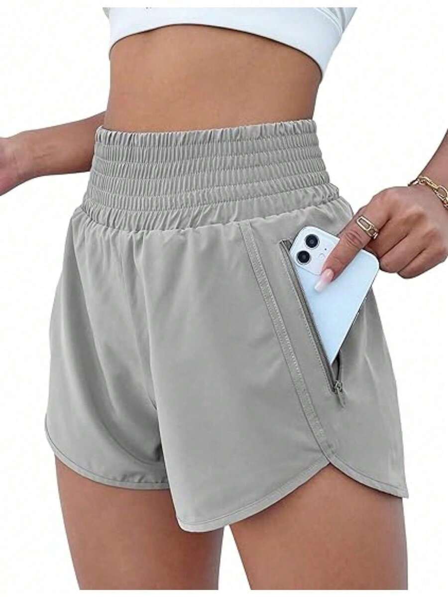 Women'S Athletic Running Shorts, Workout Gym, Elastic Waist Quick Dry Sports Shorts, High Waisted Yoga Workout Shorts With Mesh Liner Zipper Pockets - 灰色 - 查看 1