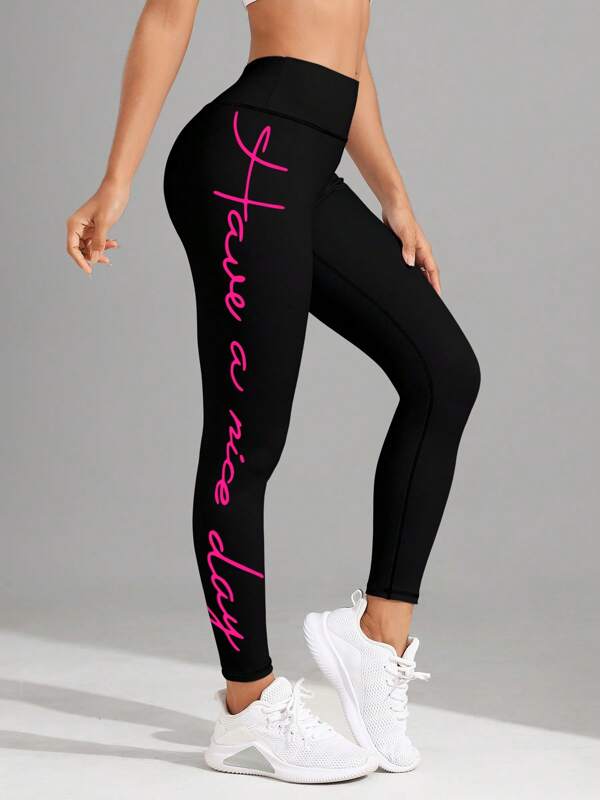 Magenta Letter Print Leggings, Stretchy Sports Tight 3/4 Pants For Workout, Yoga, Fitness