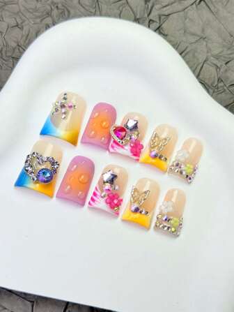 10 pièces/SET Faux ongles à presser fait main, dégradé multicolore scintillant avec fleurs 3D/5D, papillons, cœur et strass. Ongles faux réutilisables à utilisation rapide. Produits de beauté pour les ongles DIY, pour la vie quotidienne des femmes et des filles
