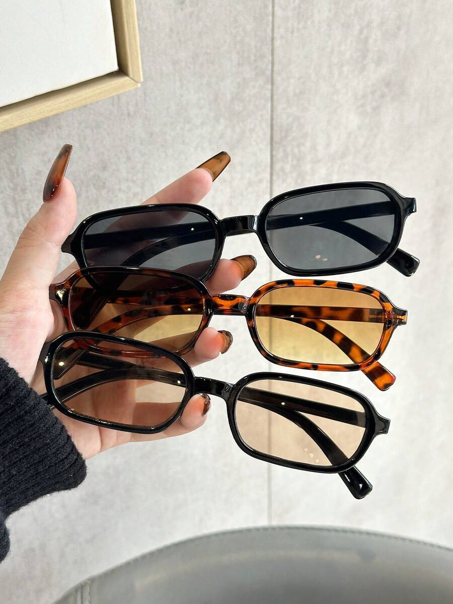 Set de 6 gafas de mujer con marco completo de plástico de estampado de leopardo y diseño geométrico multicolor, ideal como regalo para vacaciones, adecuado para todo tipo de rostros, apto para fiestas, al aire libre, accesorios de moda, vuelta al colegio, estilo universitario y talla grande - 3 piezas de té de leopardo champán gris negro - Ver 1