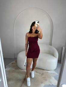 Di Boutique Chic Women's Sets Plain Casual Basic Comfort Curve Model Elegant Chic Strapless Gathered Side Short Skirt High Waist Fashion New Summer Launch - 酒紅色 - 查看 3