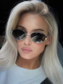 1pc Oval Metallic Small Round Fashion Glasses Oval Shape Shades - Silver Frame Black Gray Film - View 8