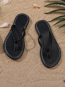 1 双幼儿黑色编织平底凉鞋，柔软 PU 材质，简约设计，防滑 TPR 外底，圆头，一脚蹬，适合女婴/男婴，日常休闲、海滩、度假、聚会，2025 年新品 - 黑色 - 查看 2