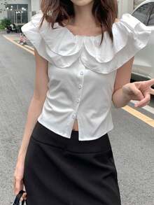 Áo cánh ngắn tay bèo nhún cổ Peter Pan ngọt ngào cho nữ, dáng ôm tôn dáng, hàng mới về mùa hè - trắng - Xem 1
