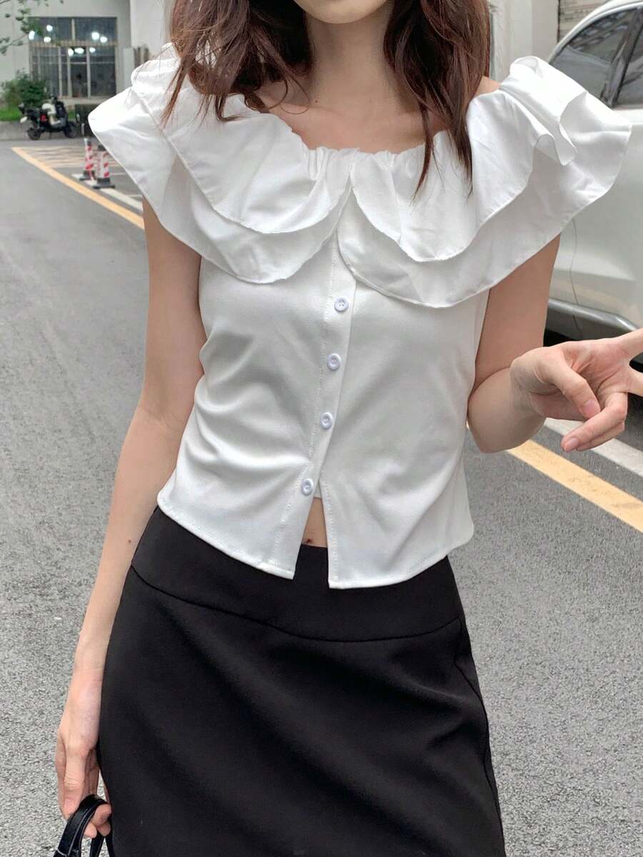 Áo cánh ngắn tay bèo nhún cổ Peter Pan ngọt ngào cho nữ, dáng ôm tôn dáng, hàng mới về mùa hè - trắng - Xem 1