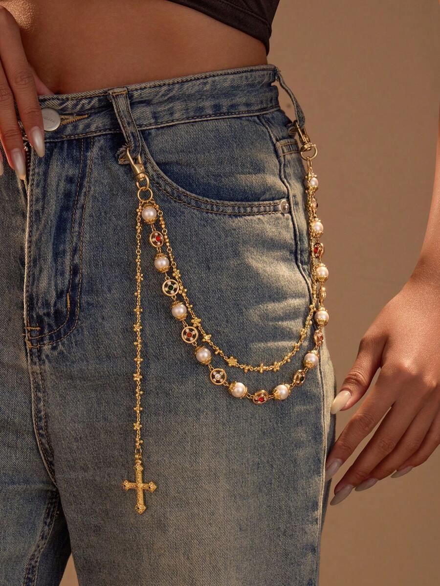 1 pieza Cadena de pantalón de moda callejera de varios niveles con patrón geométrico, artículo de verano