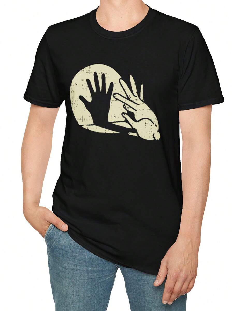 Camiseta Casual de Algodón para Hombre - Manga Corta, Cuello Redondo con Diseño Gráfico Único, Impresión de Silueta Abstracta en Negro y Beige, Ligera y Transpirable para Salidas de Verano y Deportes, Comodidad Diaria| Camiseta Gráfica Moderna| Textura suave - Negro - Ver 1