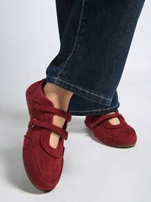 2025春季新款复古红色百搭魔术贴玛丽珍鞋，圆头平底休闲女鞋【尺码偏小，请参考尺码表】，芭蕾平底鞋