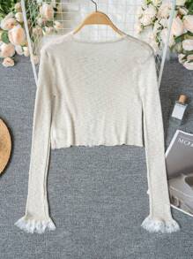 Apricot Lace Patchwork Short Tie Knit Cover Up, V-Neck Sunscreen Cover Up Jacket For Women, Summer
