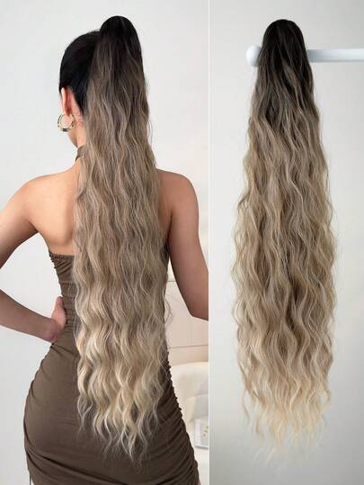 32英寸渐变波浪柔软合成假发接发，适合女性，带爪形马尾辫