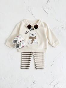 2 件套女婴服装套装：可爱北极熊刺绣白色长袖运动衫 + 打底裤，春秋 - 米色 - 查看 5