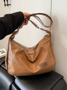 Retro Large Capacity Shoulder Bag For Women, Versatile Soft Plain Color Underarm Bag - Khaki - View 8