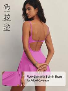 FWH Robe de sport pour femmes à bretelles fines, style vintage, minimaliste et élégant. Design avec taille cintrée, fente haute, doublure anti-transparence, coupe slim. Polyvalente pour le yoga et le quotidien. Robe de sport à la mode et avant-gardiste, rose, pour l'été. - Rose bonbon - Voir 3