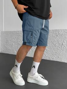 男士炫酷多口袋设计抽绳直筒工装短裤，修身显腿型 - 深色水洗藍 - 查看 2