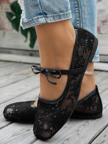 Spitze Ballerinas mit Schleife für Damen, gestrickte Hausschuhe, Lässig Ballettschuhe in Große Größen, Lässig Ballettschuhe für den Sommer, Slip-On Schuhe für Mütter, bequeme vielseitige Damenschuhe im Boho-Stil, gelb, schwarz, weiß, beige, hellblau, Leopardenmuster, Spitze Flache Schuhe für Frühling/Herbst, Lässig Schuhe in Große Größen für den Sommer, Walkingschuhe, Damen Lässig Flache Schuhe, schlabbrige Schuhe, Damen Wohnungsschuhe mit Hohlbogen und Schleife, elegante weiße Damen Flache Schuhe