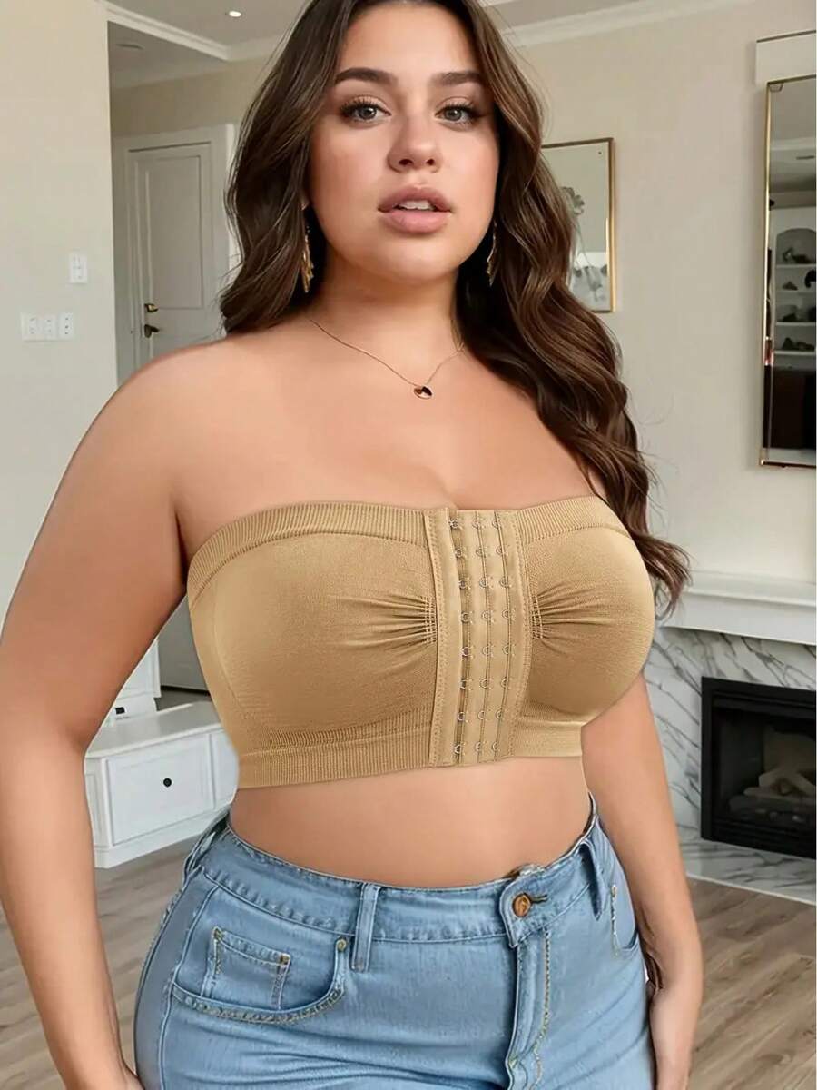 Plus Size Women's Strapless Bandeau Bra – Seamless Invisible Push-Up, Front-Closure Wireless Comfort, Back Mesh For Slimming & Support – 3-Row Hook, Ultra-Stretchy Off-Shoulder Solid Color Underwear